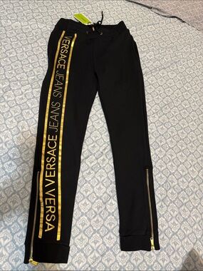 Versace Jeans Collection Black Jogger Pants with Gold Logo Stripe